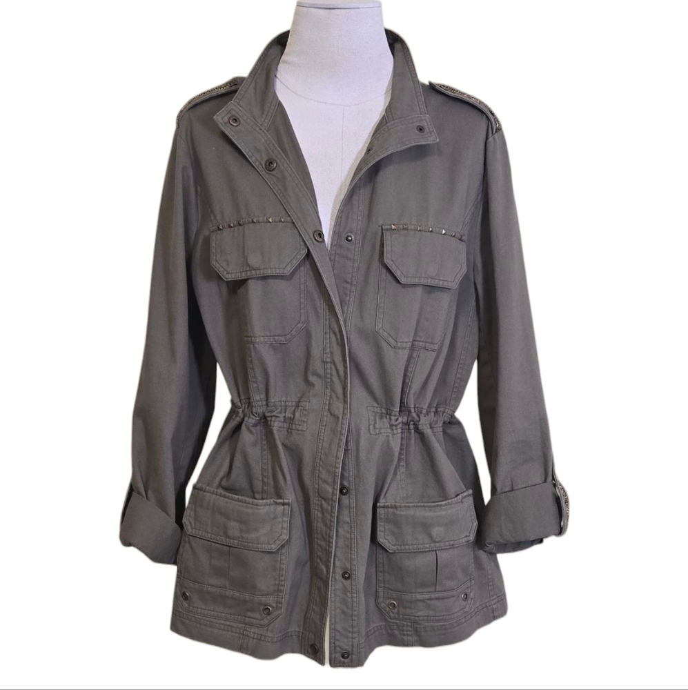 Democracy Green Utility Jacket L – Studded Pockets, Metallic Trim, Corset Back